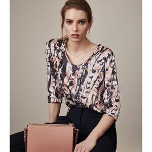 REISS Helena Brushstroke Silk Charmeuse Jersey Blouse T-Shirt Top, Size XS